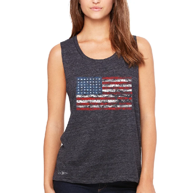 Zexpa Apparelâ„¢ Distressed Atilt American Flag USAÂ  Women's Muscle Tee Patriotic Tanks charcoal tank top