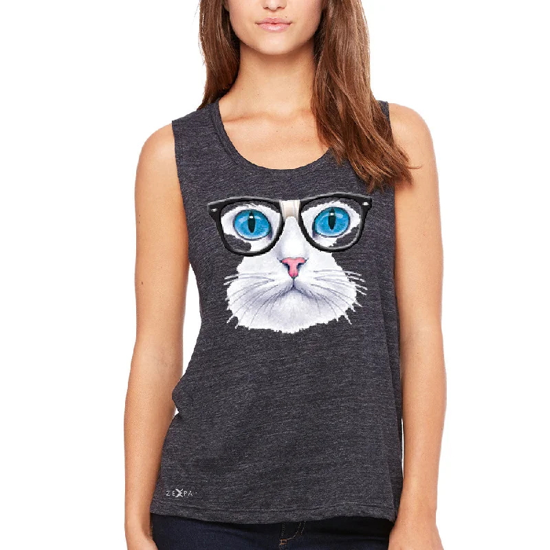 Zexpa Apparelâ„¢ CAT WITH NERD GLASSES Women's Muscle Tee Kitty Kitten Horn Rim Tanks lime green tank