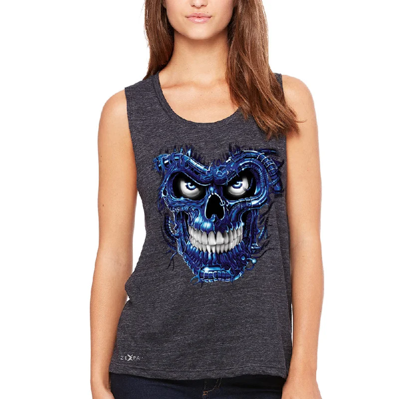 Zexpa Apparelâ„¢ Blue Terminator Skull Women's Muscle Tee Sugar Day of The Death Tanks adorable tank top