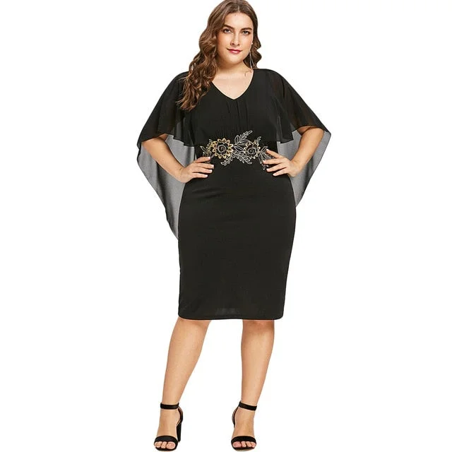 ANALUKE Embroidery Capelet V Neck Half Casual Dress