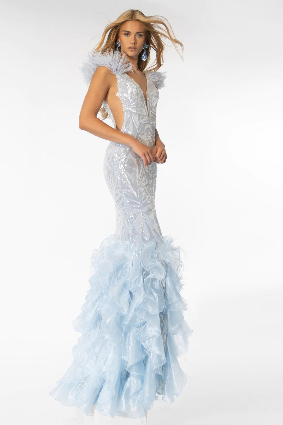 Ava Presley 39315  Long Dress Feathers Geometric Sequin Design Organza Mermaid Skirt Formal Pageant  Gown