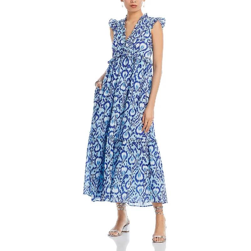 Womens Ruffled Neck Tea-Length Tunic Dress