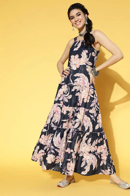 Blue Pure Cotton Foil Print Dress