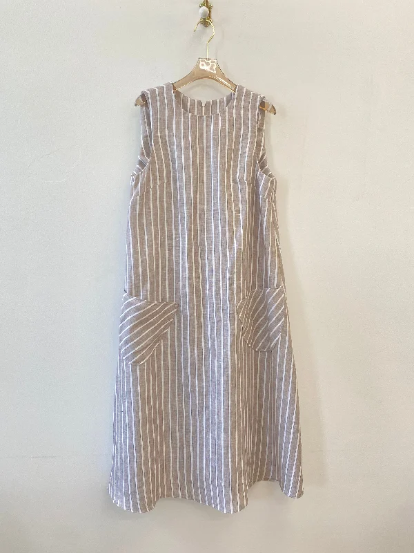 Brown Pinstripe Linen Chore Dress w/ Patch Pockets
