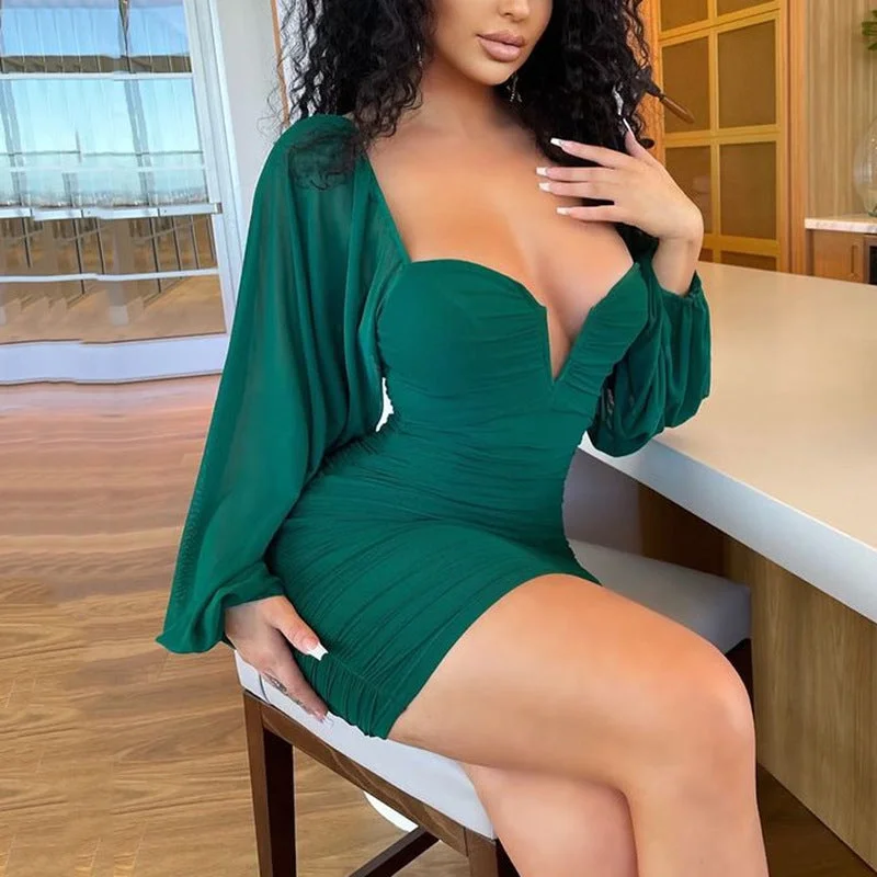Fashion sexy women's v-neck skirt spring/summer 2022 new gauze long-sleeve backless dress for women  7 colors