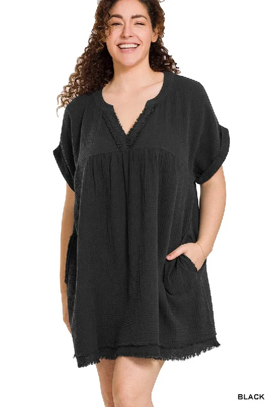 Gauze Raw Edge Dress in Plus Size