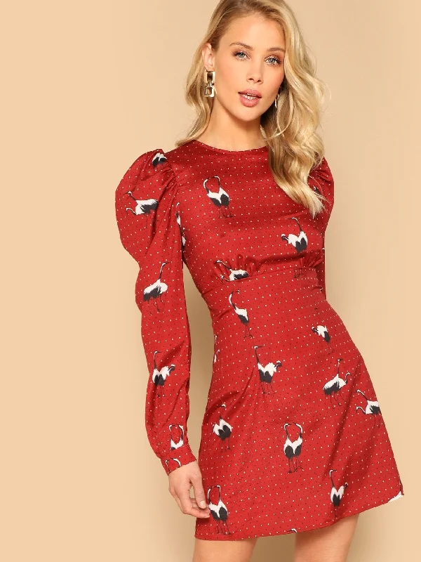 Gigot Sleeve Slit Back Crane Print Dress