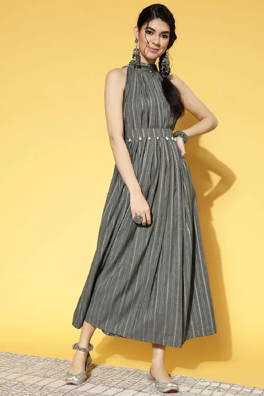 Grey Pure Cotton Striped Print Dress
