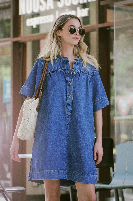 Half Placket Tunic Dress - Fresh Indigo