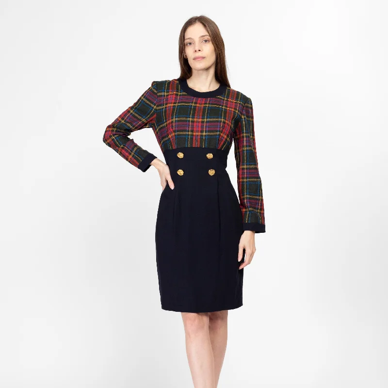 Medium 80s Red & Black Plaid Secretary Dress
