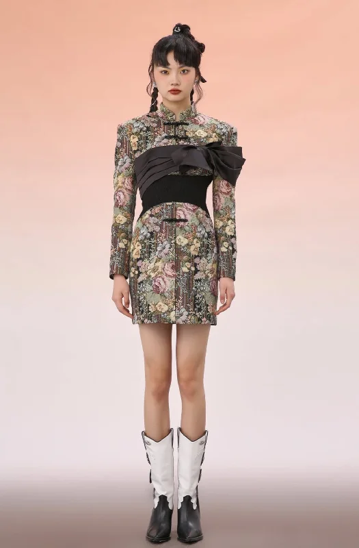 Mukzin | Embroidered  Patchwork Bow Cheongsam Dress