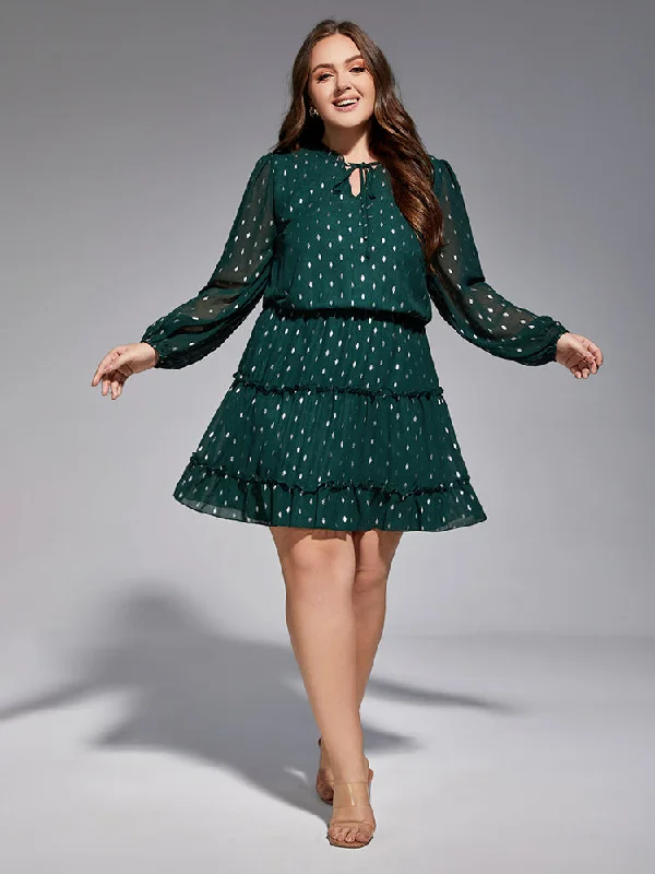 Plus Polka Dot Tie Neck Tiered Dress