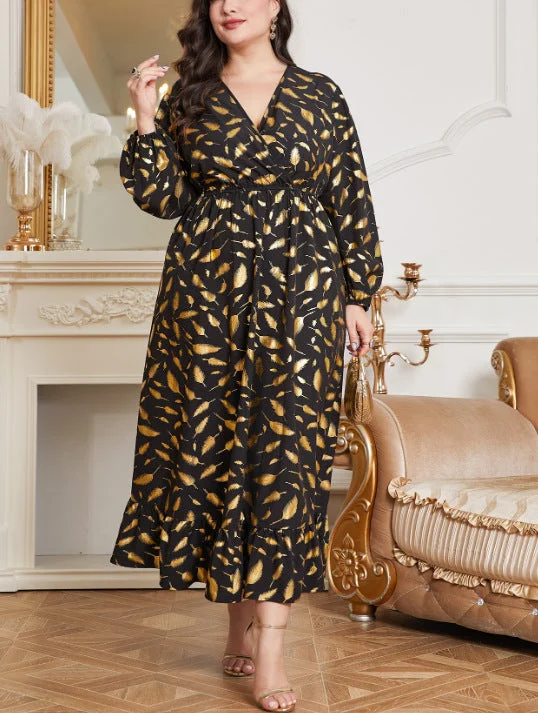 Plus Size Elastic Waist Feather Printed Dress Women Clothing