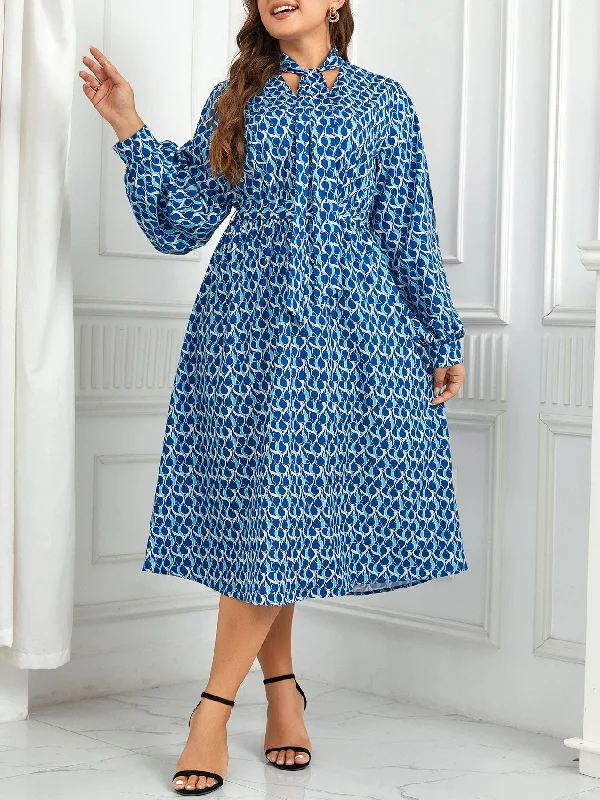 Plus Size High Waist Print Long Puff Sleeve Dress
