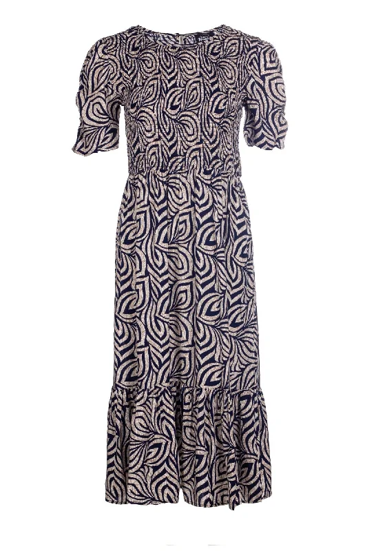 Printed Viscose Dress | Natural Navy Leaf | 7337A1