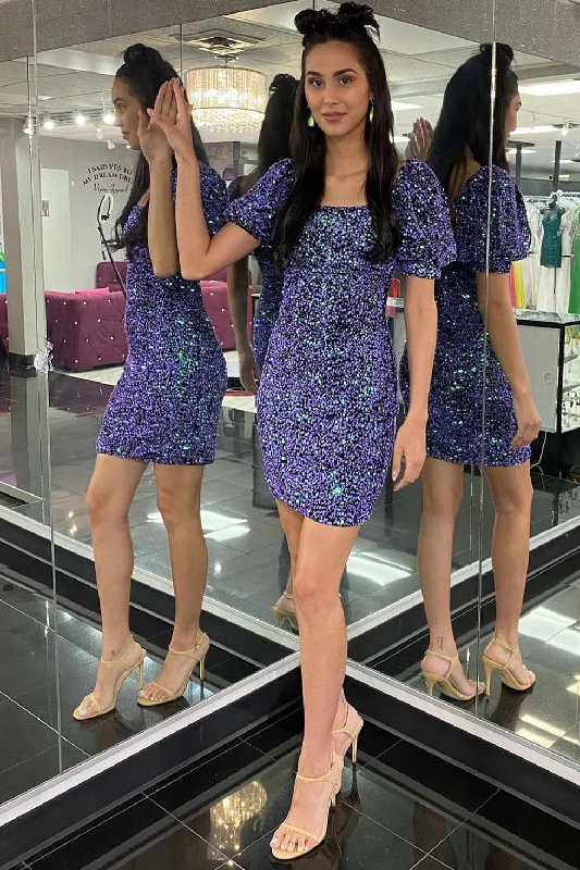 Purple Iridescent Square Neck Puff Sleeve Short Homecoming Dress