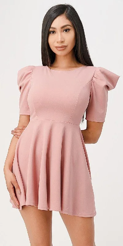 Short Puff Sleeve Fit and Flare A-Line Dress