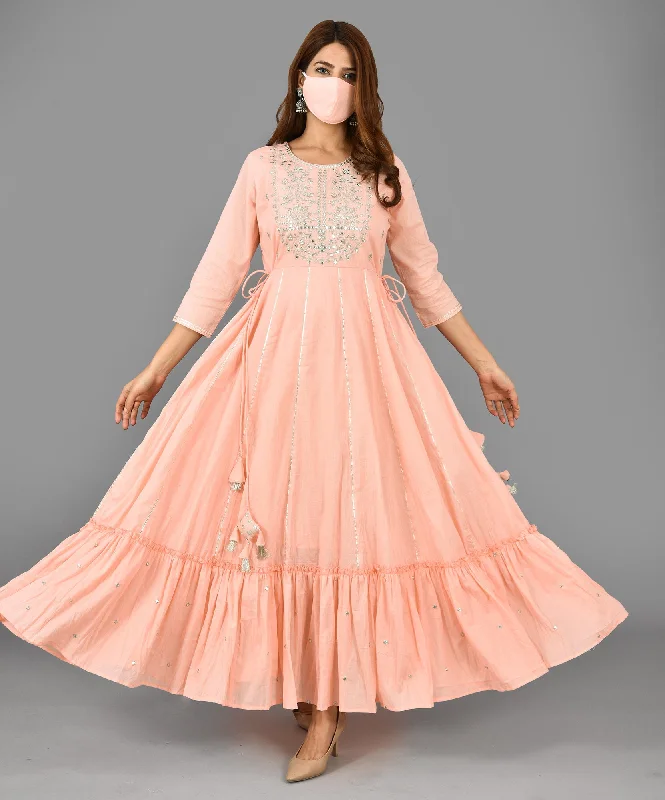 Peach Solid Print Anarkali Dress