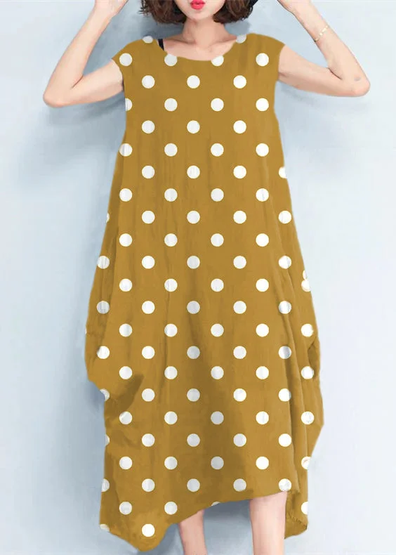 2024 Yellow polka dots natural cotton polyester dress oversize sleeveless traveling dress Elegant kaftans Pencil Office Professional