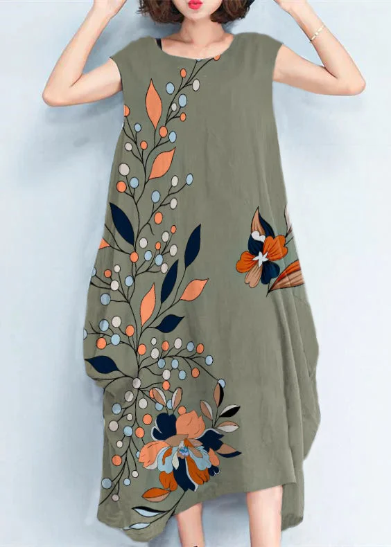 2024 Green Flowers natural cotton polyester dress oversize sleeveless traveling dress Elegant kaftans Tunics Cozy comfortable