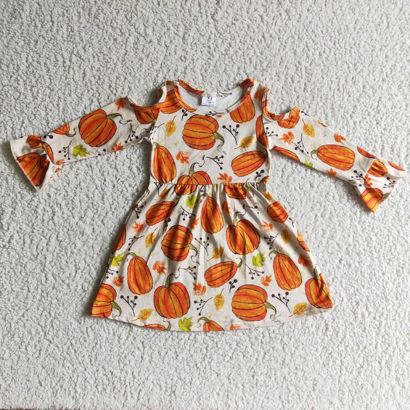 Clearance 6 A12-2 Halloween Floral Yellow Orange Pumpkin Print Baby Girls Long Sleeve Dresses Crew Neckline Sporty