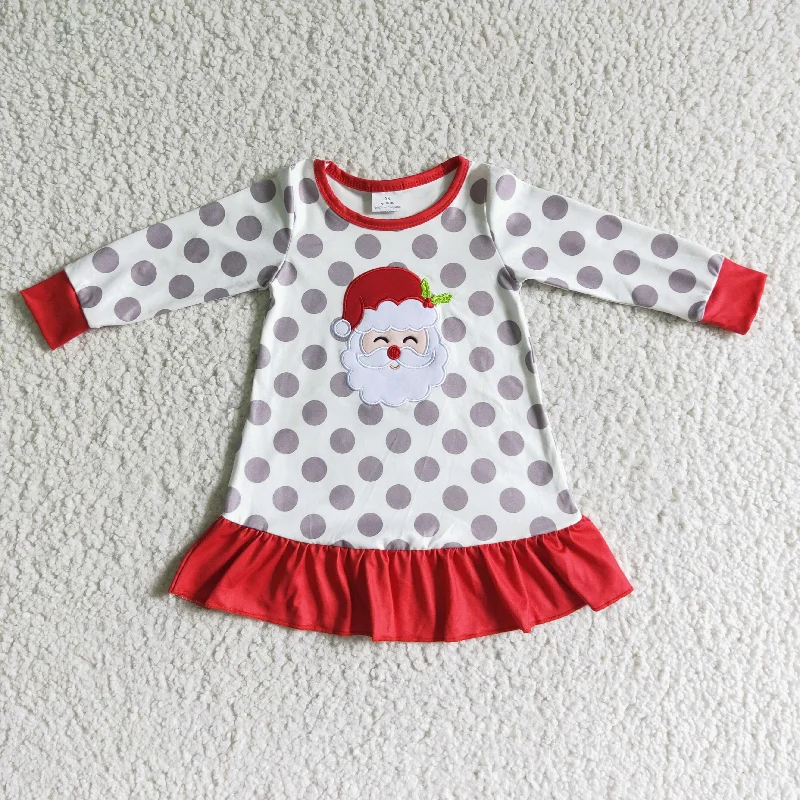 6 A13-14 Christmas Santa Red Grey Dots Embroidery Girls Long Sleeve Dresses Square Neckline Feminine