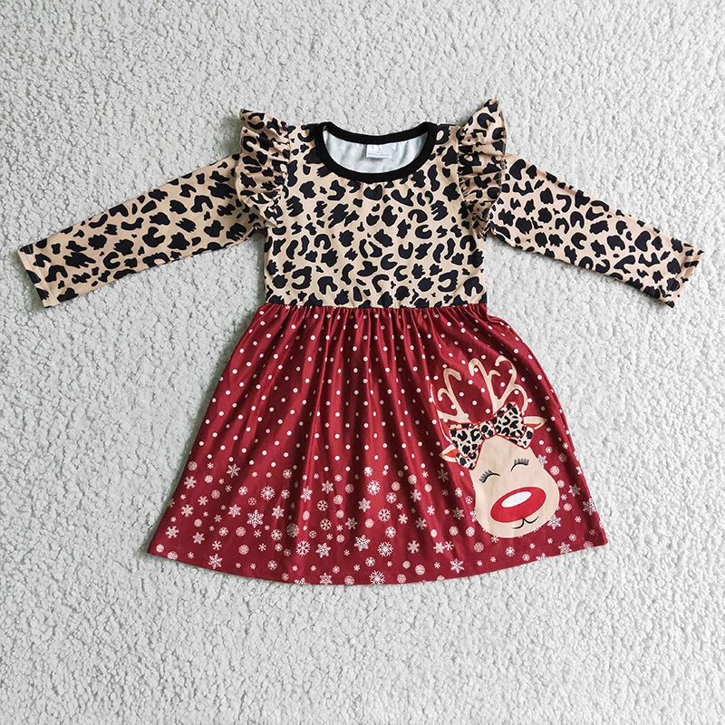 6 A29-12 Baby Girl Leopard Reindeer Christmas Dress Tunics Solid Classic