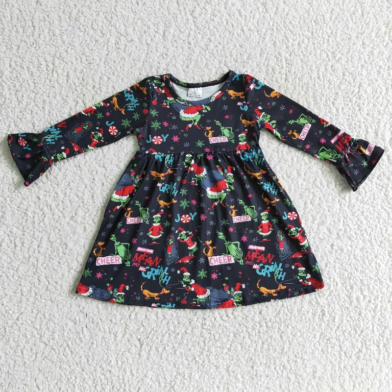 Clearance 6 A29-13 Christmas Red Green Cartoon Santa Black Girls Long Sleeve Dresses Halter Neckline Beach