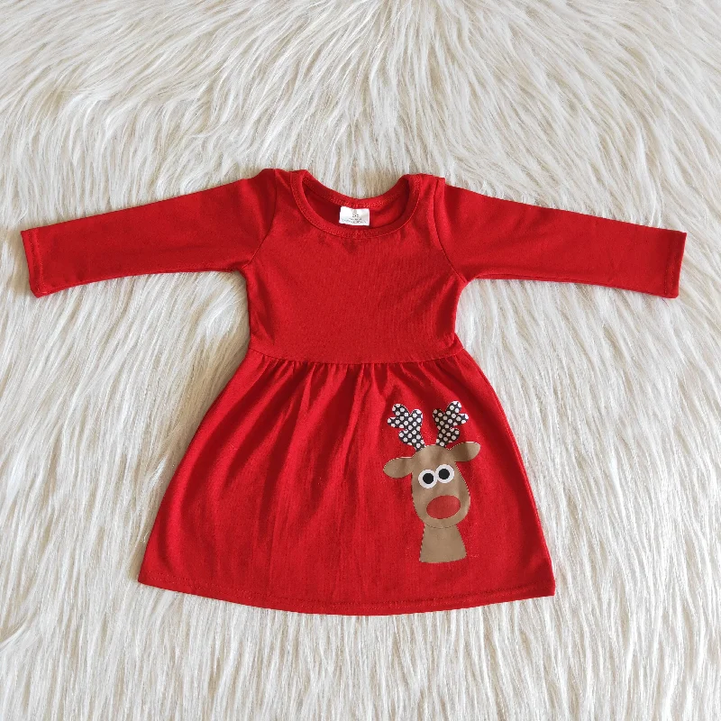 6 A30-26-1 Christmas Baby Girl Deer Red Twirl Dress Tunics Plaid country