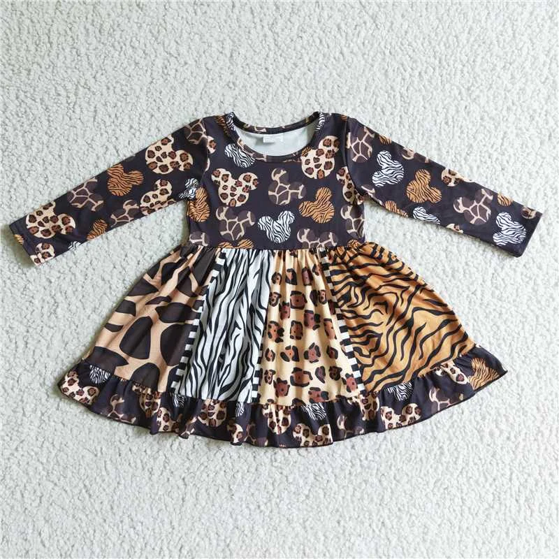 6 B11-37 Baby Girl Long Sleeves Leopard Twirl Dress Elegant Long Evening