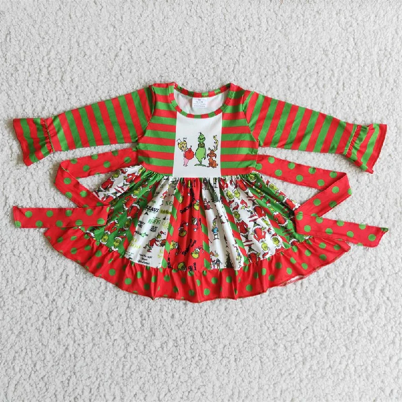 6 B3-5 Baby Girl Christmas Stripes Long Sleeves Face Twirl Dress Tunics Luxurious high-end