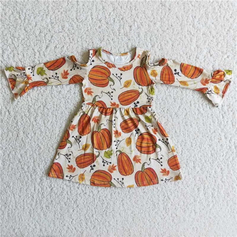 6A12-2 baby clothing off the shoulder long sleeve pumpkin print halloween kids dresses for girls milk silk Tunics Corduroy durable