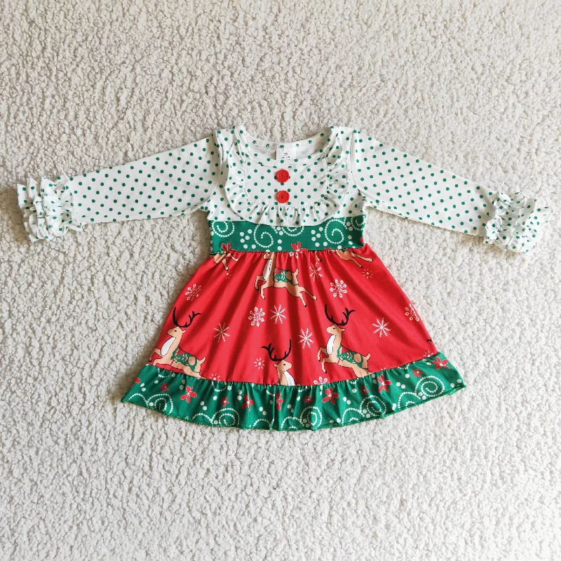 6A26-14 girls Christmas long sleeve dress deer print Tunics Sophisticated sleek