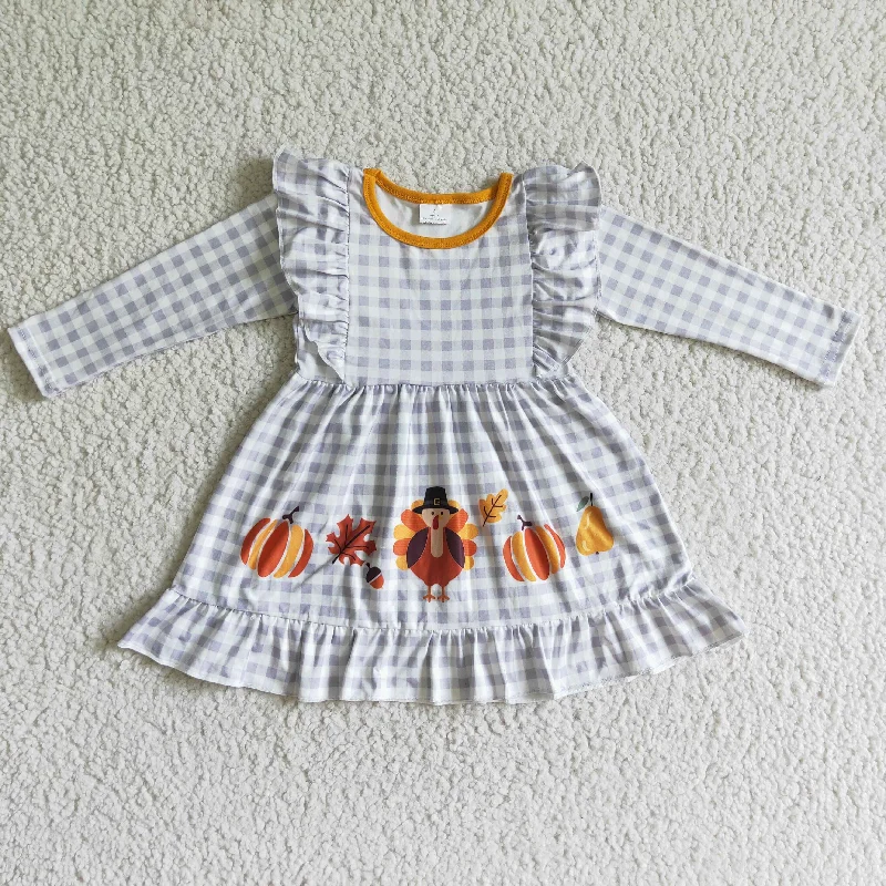 GLD0056 Baby Girl White Plaid Turkey Pumpkin Print Fall Long Sleeve Dress-promotion 2024.10.19 Tunics Sophisticated sleek