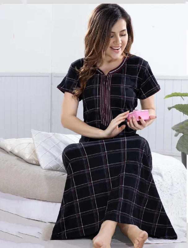 Black Printed Cotton Maxi Nightdress for Women Pencil Office Professional