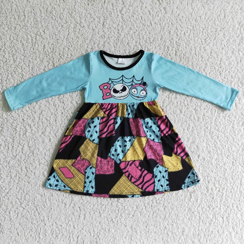 Boo Blue Zombie Patchwork Print Baby Girls Long Sleeve Dress Tunics Yoga stretchy