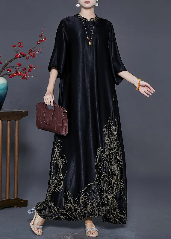 Boutique Black Mandarin Collar Print Silk Long Dresses Half Sleeve Halter Neckline Beach