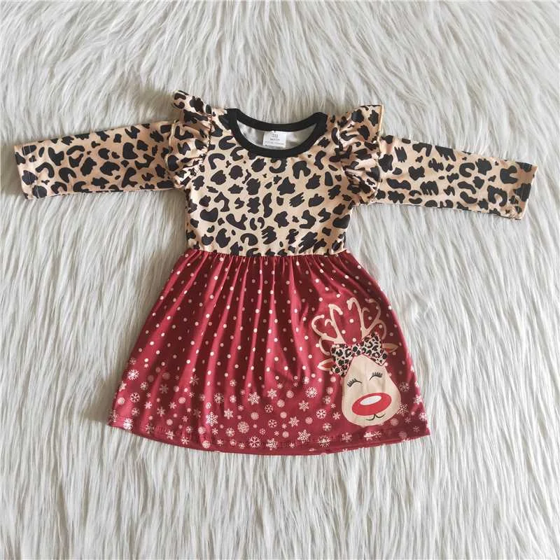 Christmas deer print red leopard long sleeve dress Tunics Corduroy durable