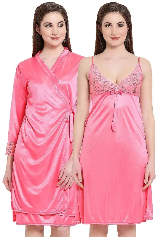 Clovia Short Night Dress & Full Sleeves Robe Set in Pink - Satin Tunics Sophisticated sleek