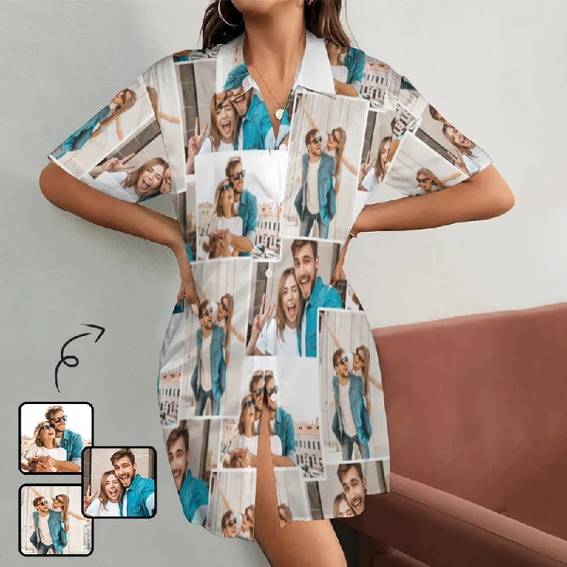 Custom Photos Stitching Women's Satin Shirt Nightdress Tunics Bridal satin