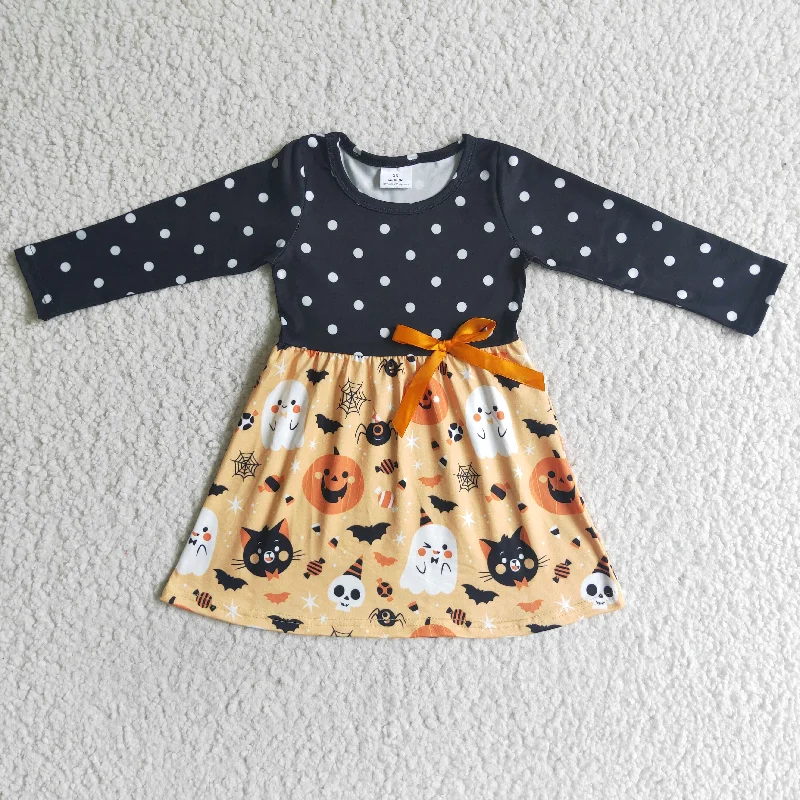 Halloween Pumpkin Black Dot Girl Long Sleeve Dresses Tunics Polka dots