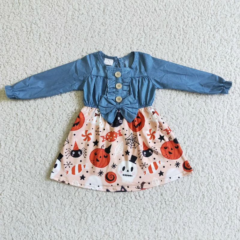 Halloween Pumpkin Print Blue Denim Top Baby Girls Dress Boat Neckline Classic