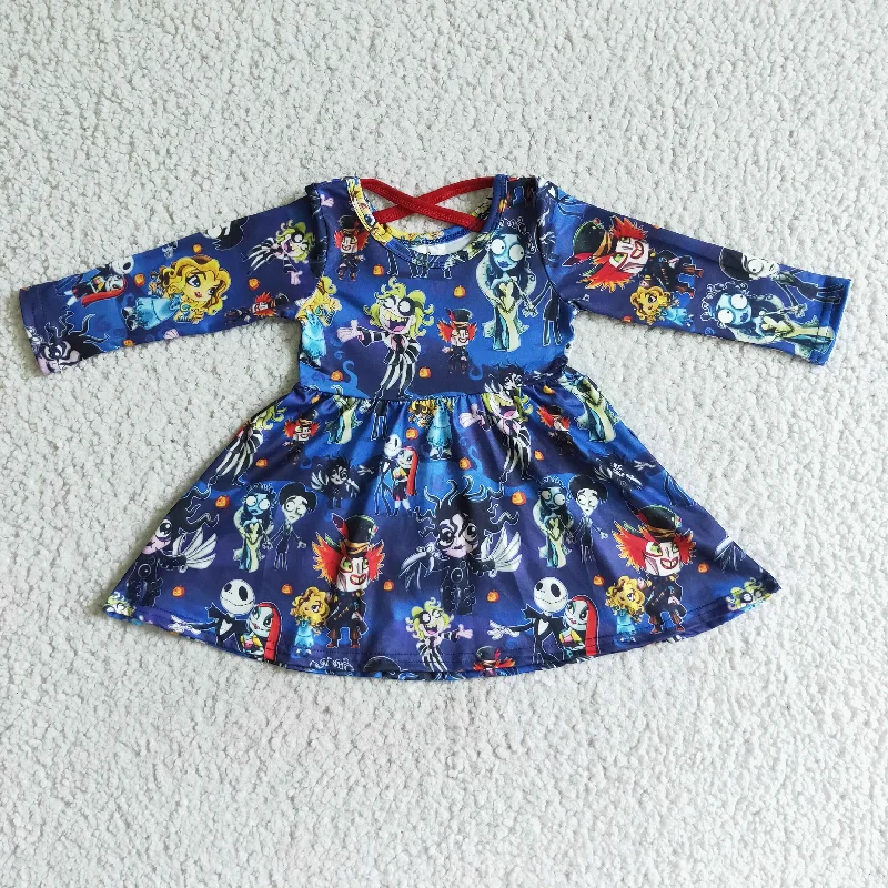 GLD0034 Halloween Girl Screen Print Baby Girls Blue Twirl Dress-promotion 2024.8.10 Casual Short Summer