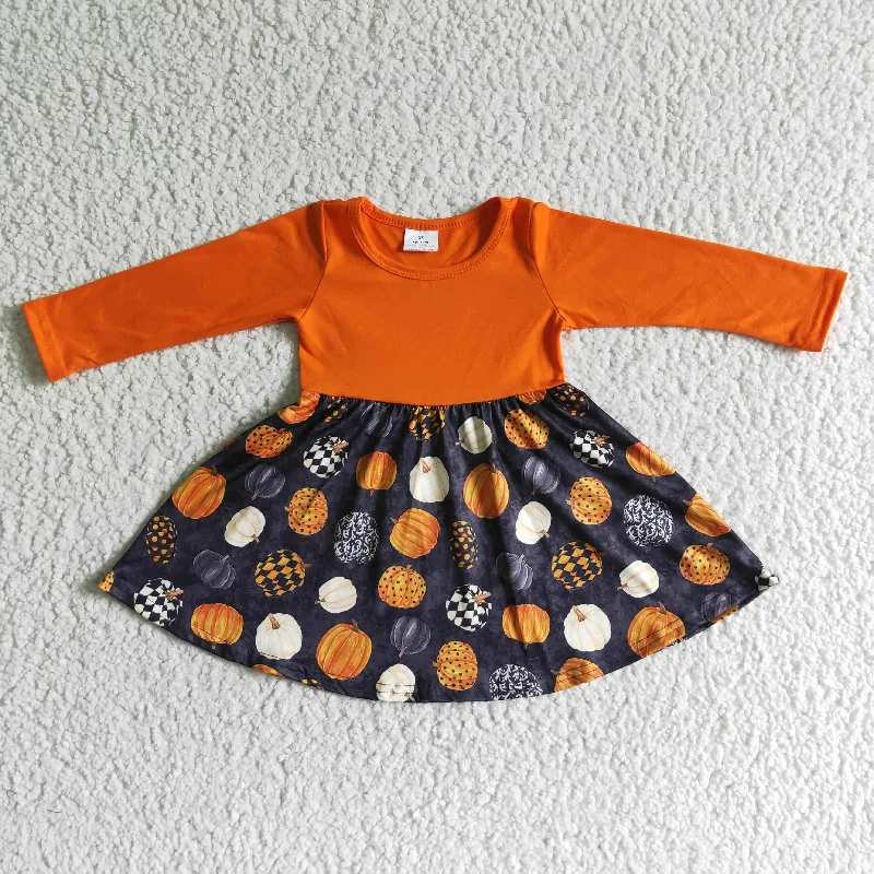 GLD0011 Halloween Orange Pumpkin Print Baby Girls Long Sleeve Twirl Dresses-promotion 2024.9.28 Tunics Luxurious high-end