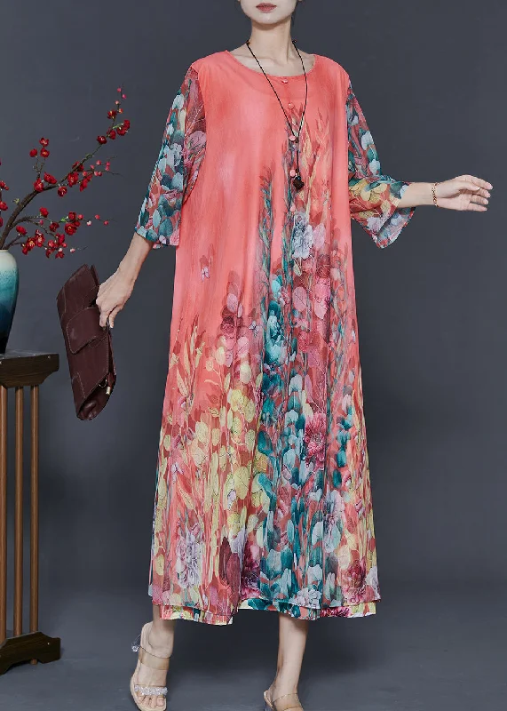 DIY Pink Oversized Print Chiffon Long Dress Bracelet Sleeve Tunics Trendy modern