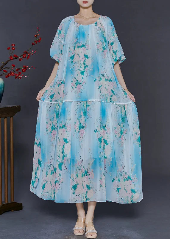 DIY Sky Blue Oversized Print Chiffon Long Dress Summer Tunics Travel practical