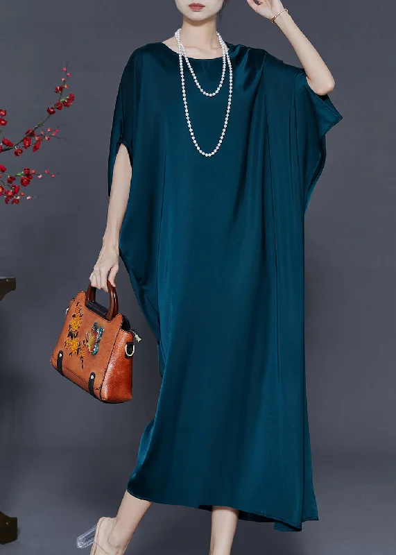 Elegant Peacock Blue Oversized Silk Party Dress Batwing Sleeve Tunics Top rated