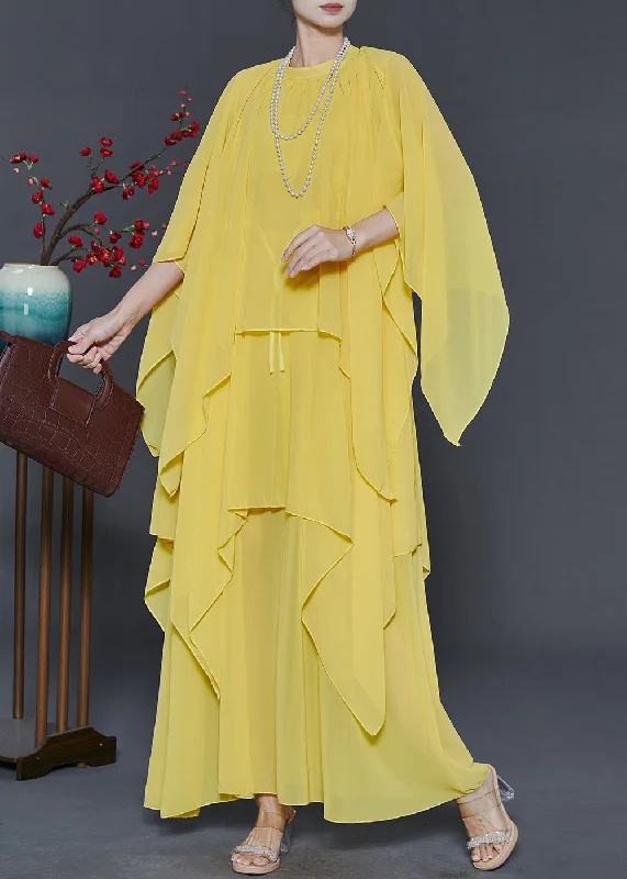 Elegant Yellow Chiffon Long Dresses Asymmetrical Design Summer Tunics Ceremony elegant