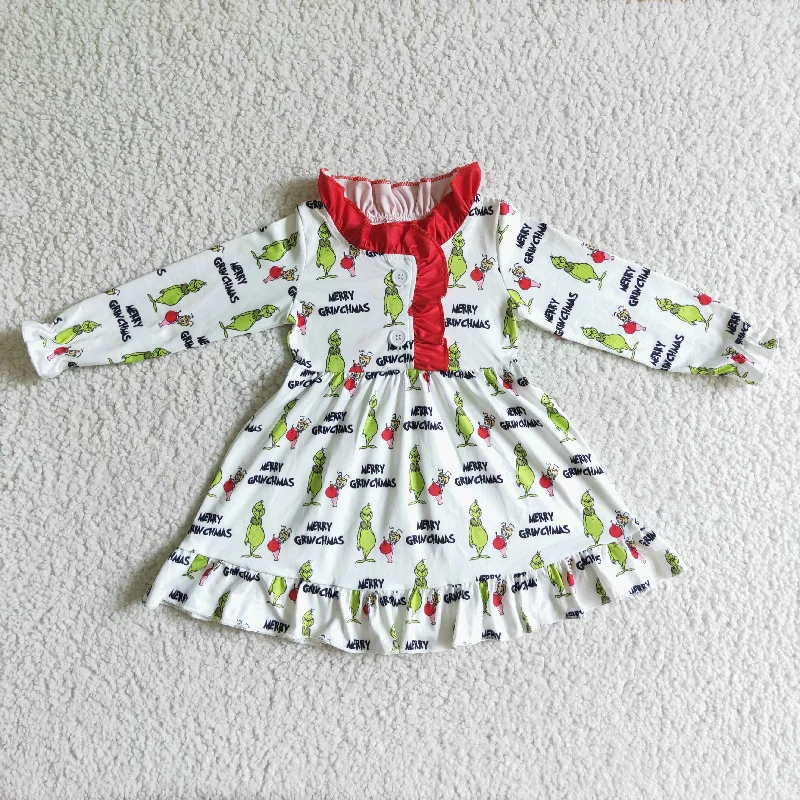 Fall Baby Girls Green Monster Print White Long Sleeve Dress Tunics Designer luxury