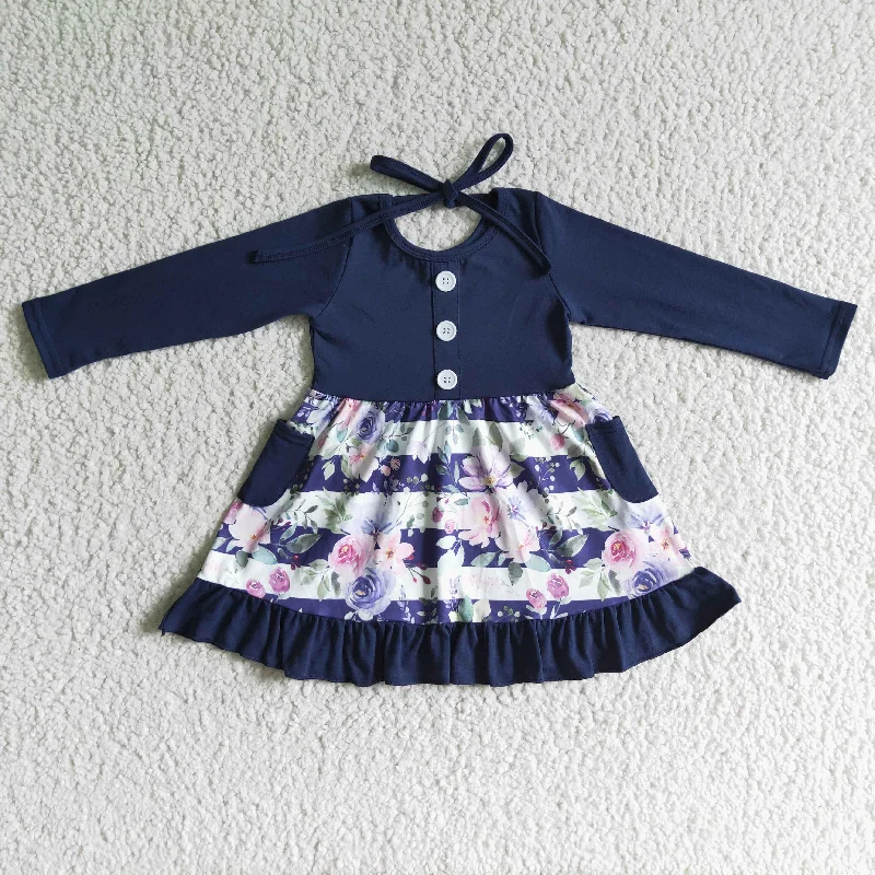 Fall Baby Girls Navy Floral Long Sleeve Button Dress Turtleneck Warm Winter